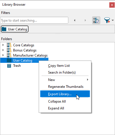 Right-click on the User Catalog and choose Export Library