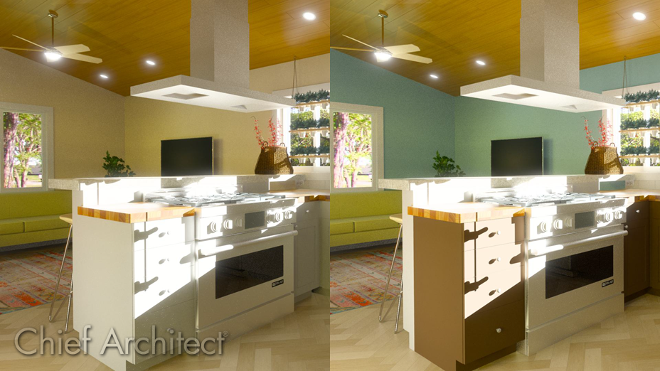 Real time ray trace interior camera view of a kitchen showing blended colors with materials