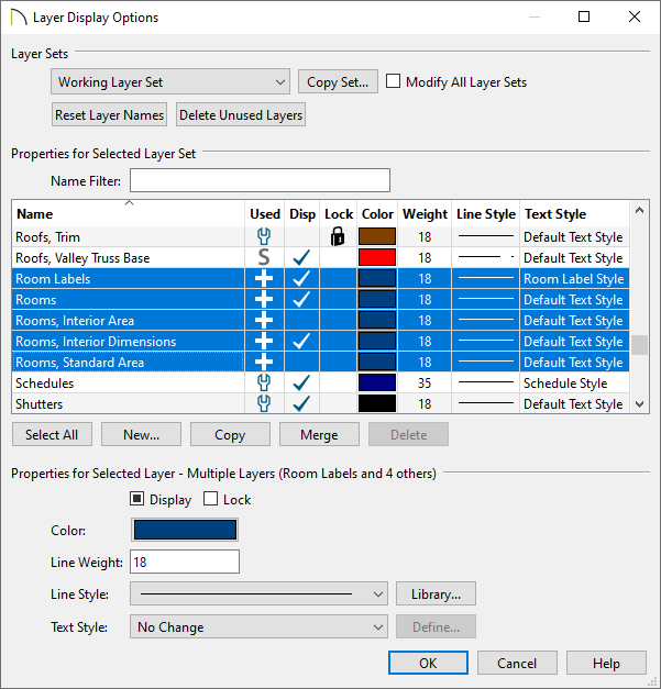 Layer Display Options dialog with the Rooms layers selected