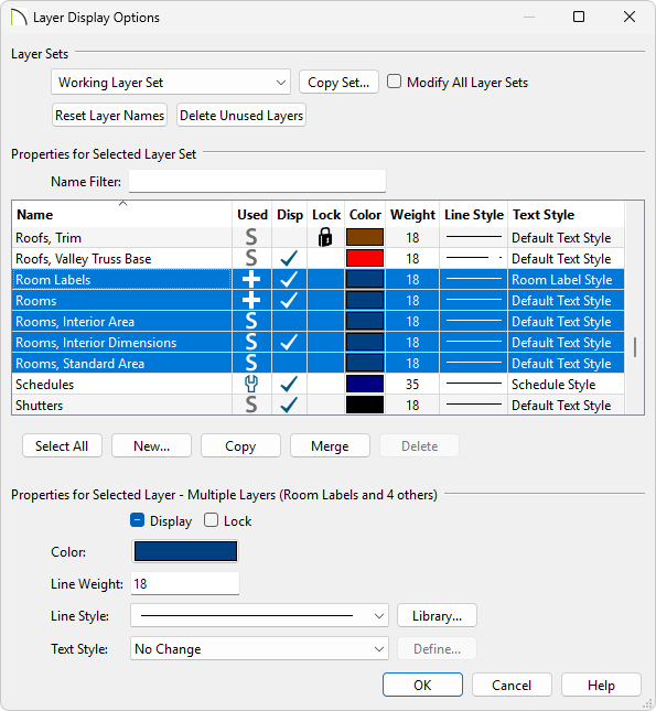 Layer Display Options dialog with the Rooms layers selected