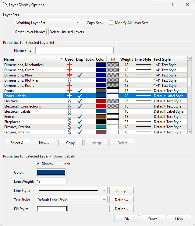 Doors, Labels layer selected in the Layer Display Options dialog