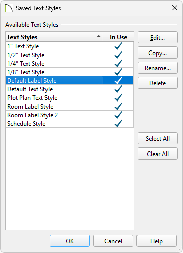 Saved Text Styles dialog