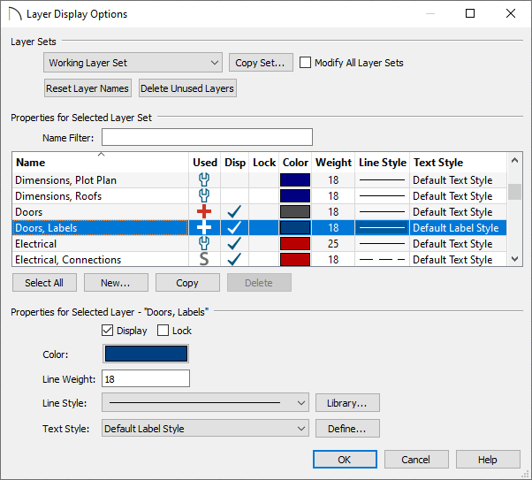 Doors, Labels layer selected in the Layer Display Options dialog