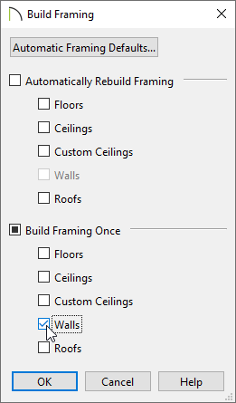 Check the Build Wall Framing box in the Build Framing dialog