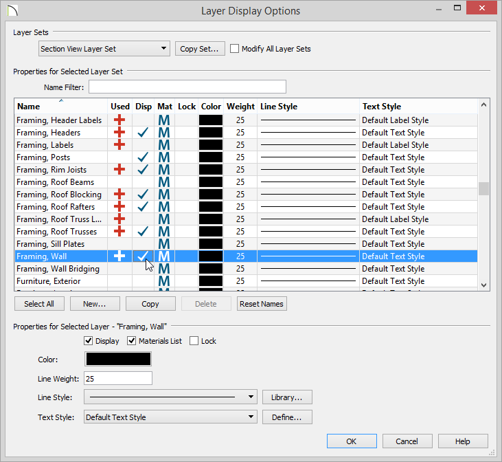 Layer Display Options Layer Display Options dialog with several Framing layers set to Display