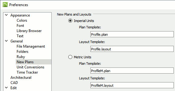 The "New Plans" panel of the Preferences dialog.