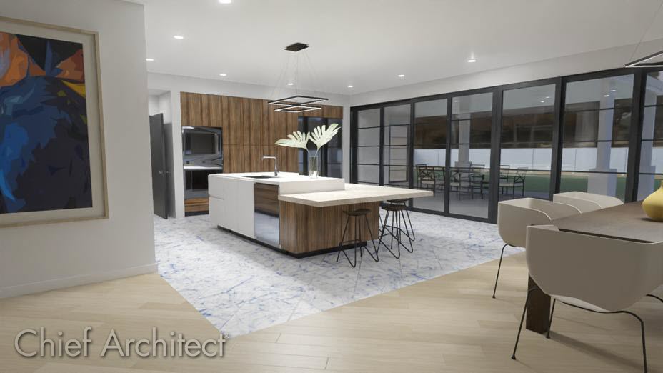 Camera view of Dining Room and Kitchen each with a different flooring material