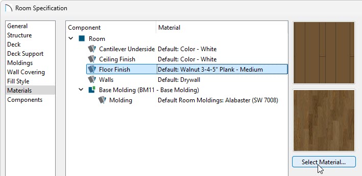 Room Specification dialog – Materials panel – Floor Finish highlighted and arrow on Select Material button