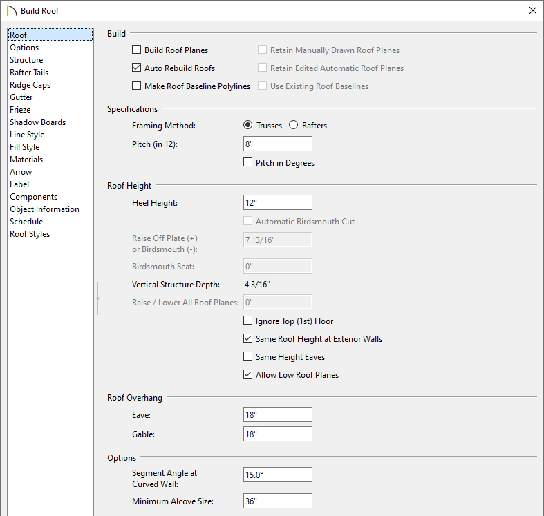 Roof panel of the Build Roof dialog