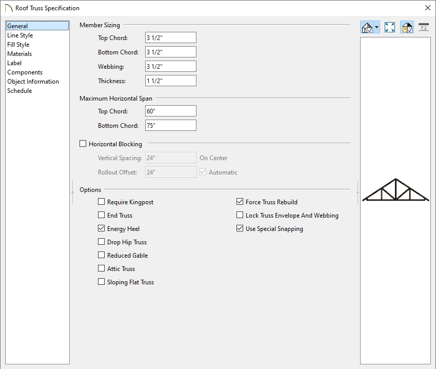 Roof Truss Specification dialog