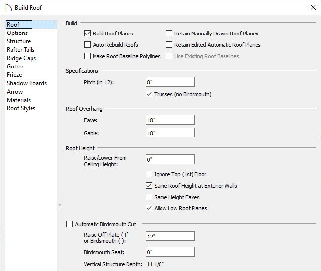 Roof panel of the Build Roof dialog