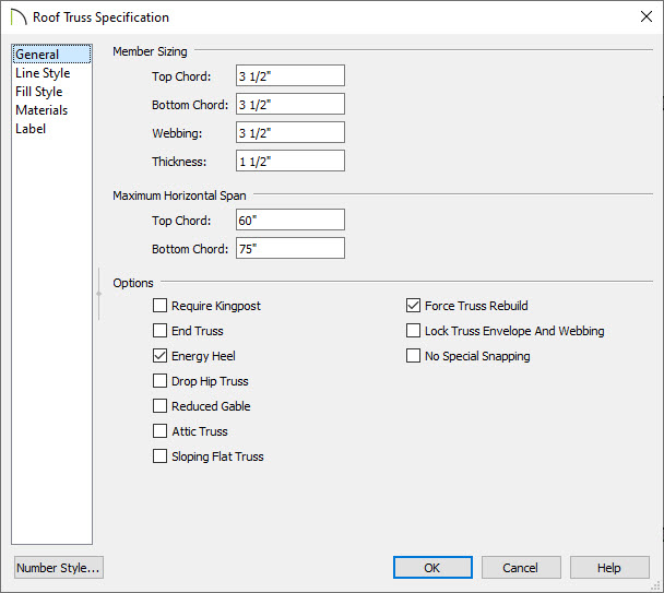 Roof Truss Specification dialog