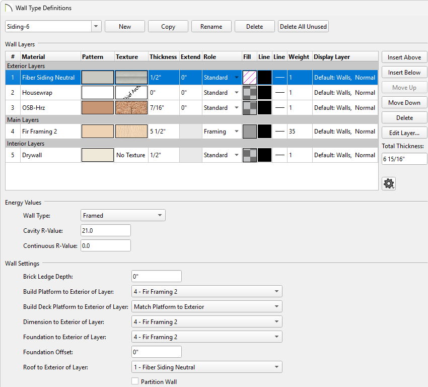 Wall Type Definitions dialog with the Siding-6 wall type specified