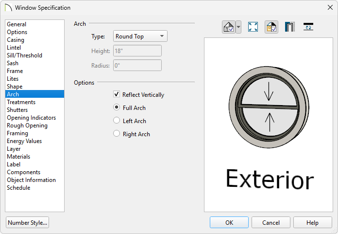 Arch panel of the Window Specification dialog showing a round top reflected vertically to make a round window