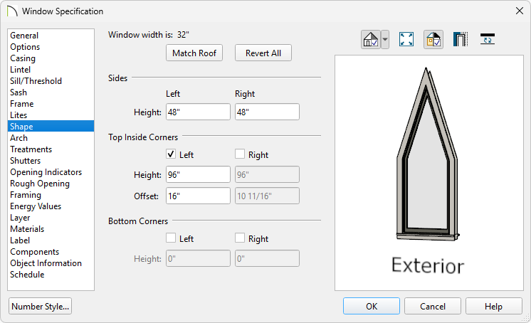 Pentagon-shaped window with a Top Inside Corner