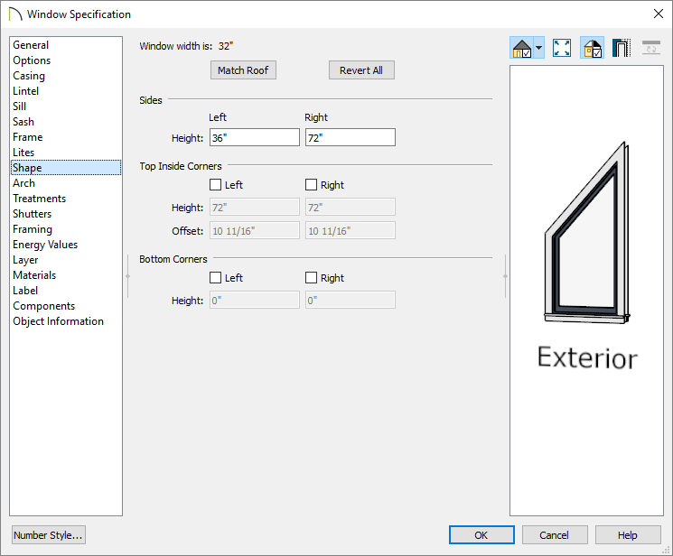 Shape panel of the Window Specification dialog Trapezoid window with a left height of 36" and a right height of 72"