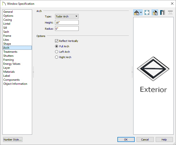 Arch panel of the Window Specification dialog Specify a Tudor Arch and a Height value to create a diamond window