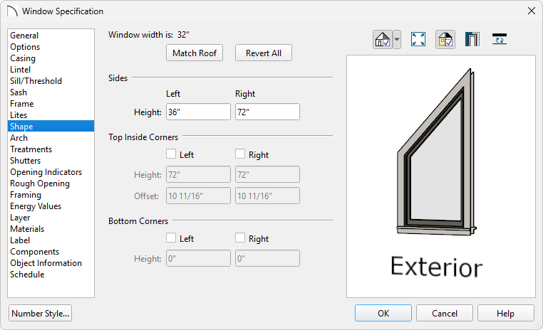 Trapezoid-shaped window with a left side height different than the right