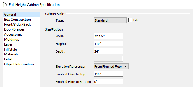 General panel of the Full Height Cabinet Specification dialog