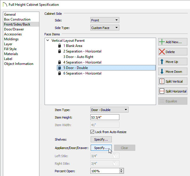 Selecting the Specify button to adjust the door/drawer style for a single face item