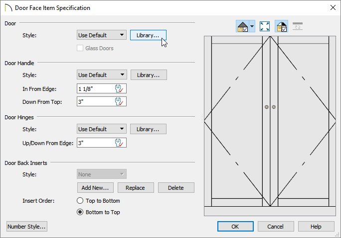 Selecting the Library button to modify the door style for this face item