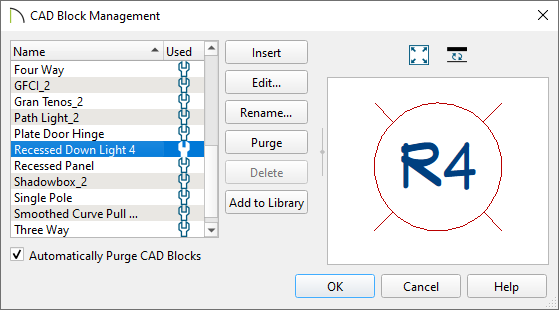 Recessed Down Light 6 block selected in the CAD Block Management dialog