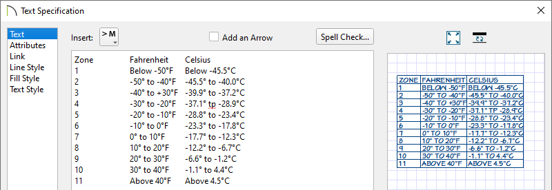 Text panel of the Text Specification dialog