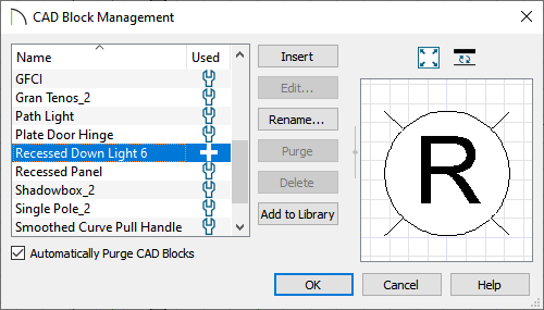 Recessed Down Light 6 block selected in the CAD Block Management dialog