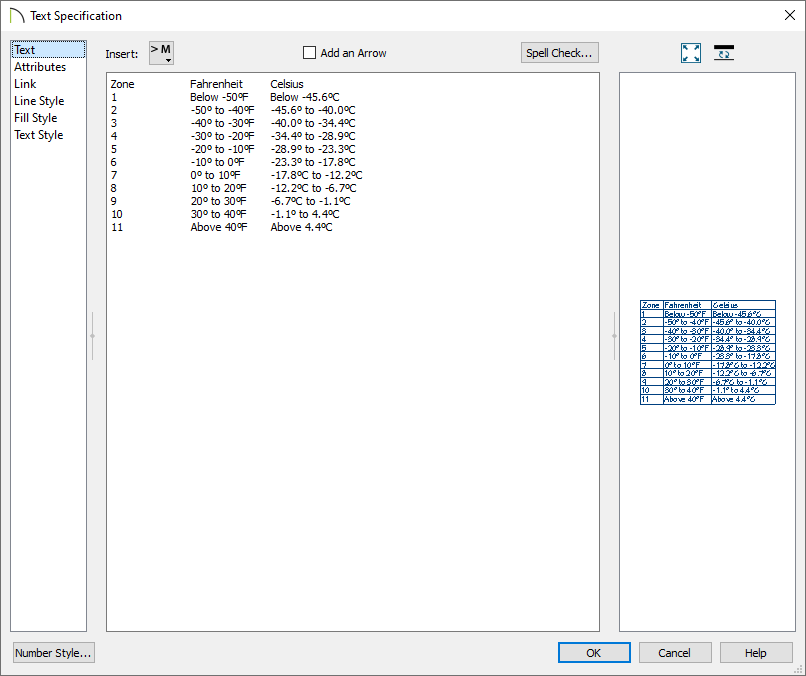 Text panel of the Text Specification dialog