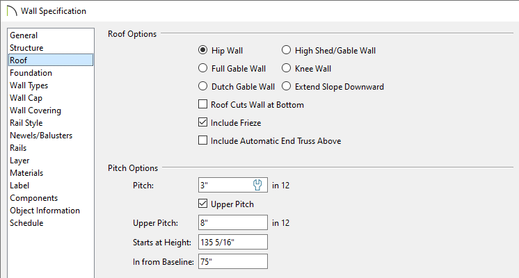 Pitch options located on the Roof panel of the Wall Specification dialog.