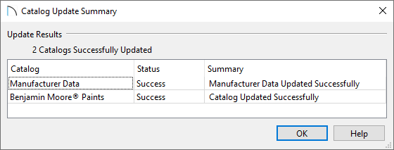 Catalog Update Summary dialog with the update results