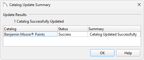 Catalog Update Summary dialog with the update results