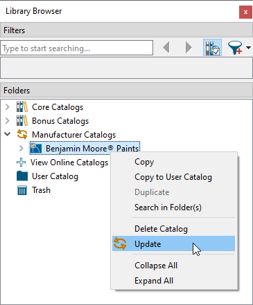 Right-click on a folder or catalog, then click Update