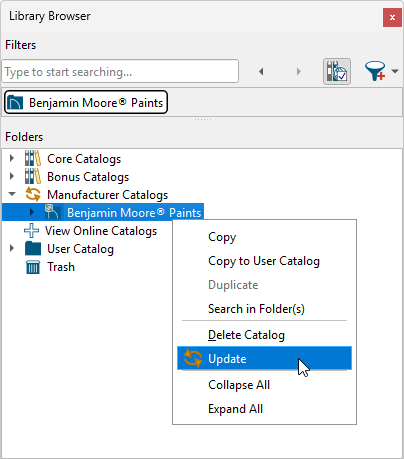 Right-click on a folder or catalog, then click Update