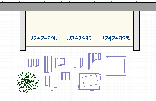 Many objects like plants and books placed in front of a bookshelf in floor plan view