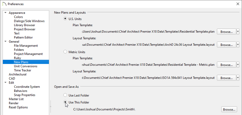 New Plans panel of the Preferences dialog