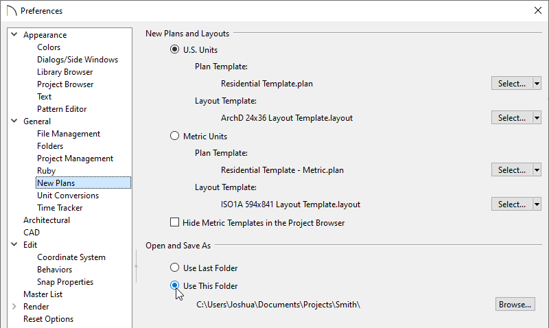 New Plans panel of the Preferences dialog