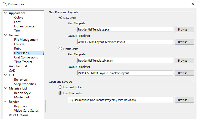 New Plans panel of the Preferences dialog