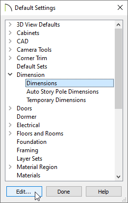 Expand Dimension, select Dimensions, then click Edit in the Default Settings dialog