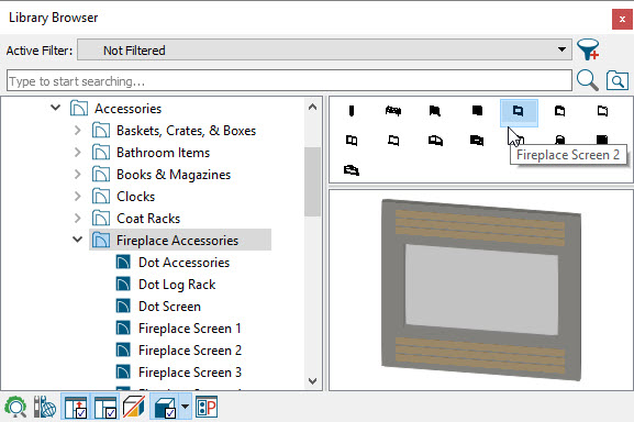 Selecting fireplace screen from the library browser