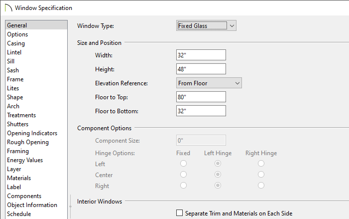 Window Specifications for fireplace