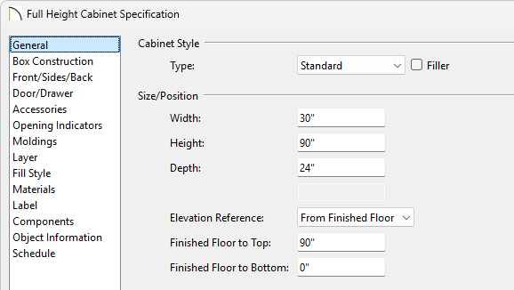Full Height Cabinet Specification specifying 30 inches wide, 90 inches high, and 24 inches deep. 