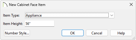 New Cabinet face item dialog with appliance set as the item type and the item height set to 56 inches. 