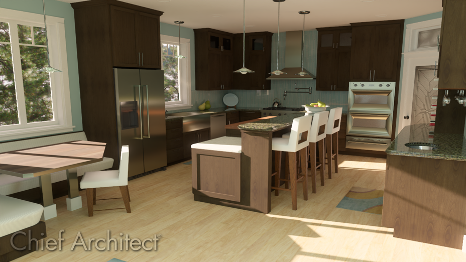 Interior view of kitchen with stacked appliances in wall cabinet