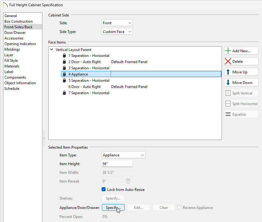 Full Height cabinet specification with the newly added appliance face item selected.