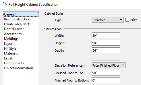 General panel of the Full Height Cabinet Specification dialog