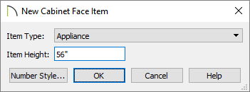 New Cabinet Face Item dialog where the Item Type and Item Height can be set