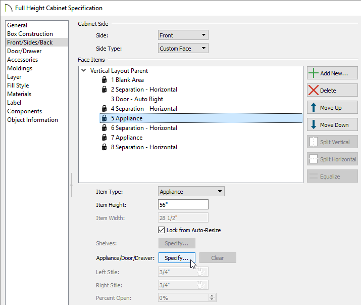 Front/Sides/Back panel where face items can be specified