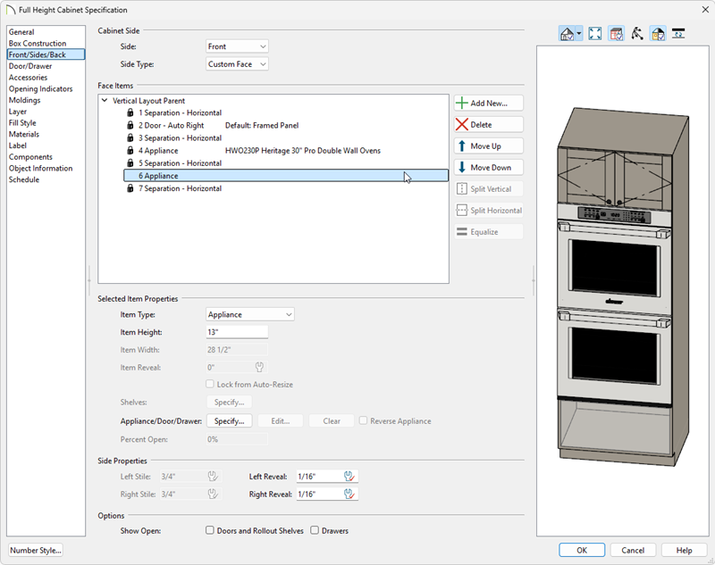 Full Height Cabinet Specification with the bottom face item changed to Appliance. 