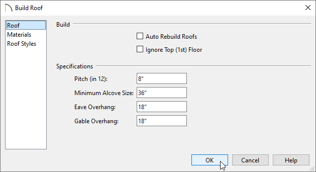 Build Roof dialog where the roof can be rebuilt